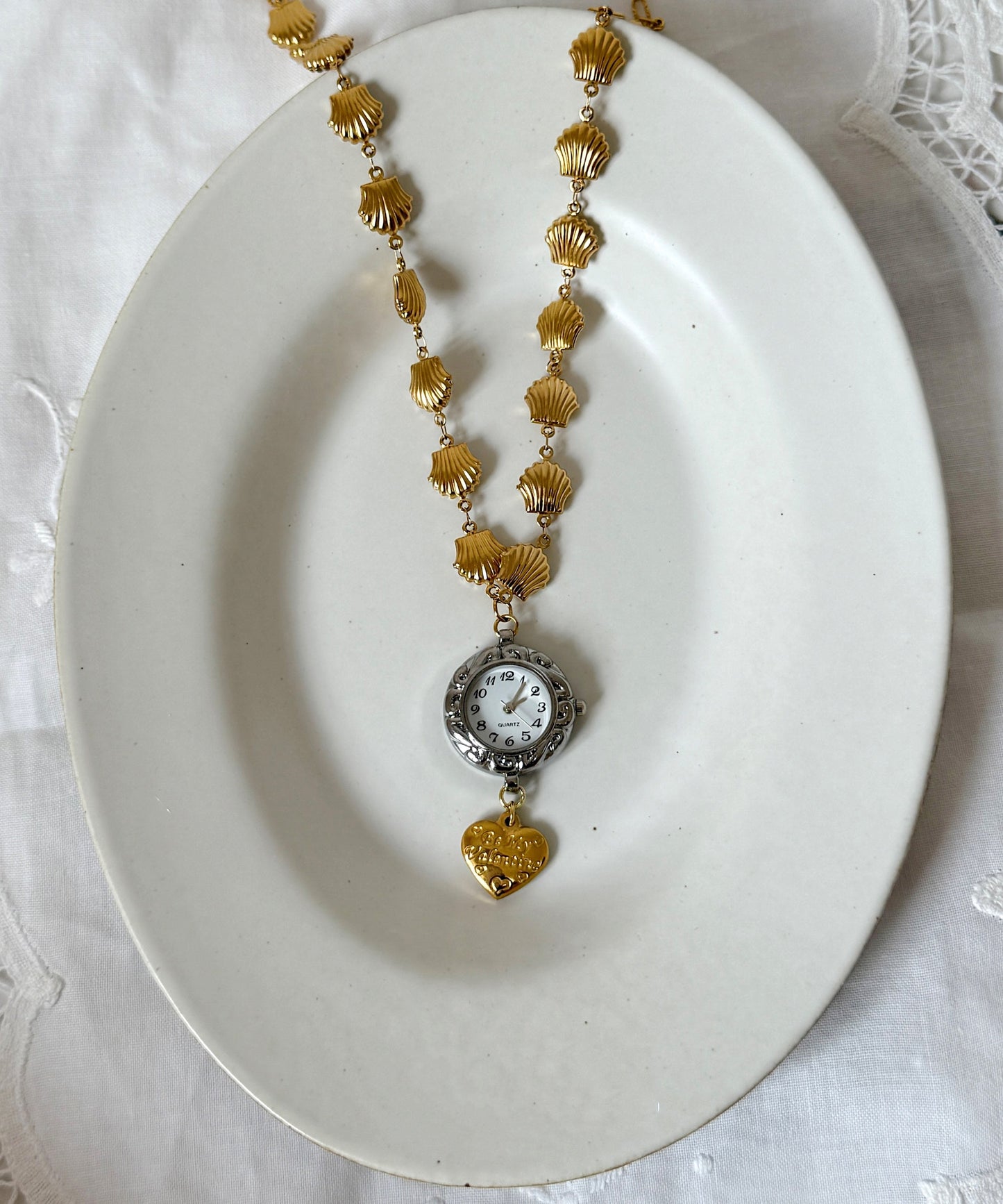 Unique Gold Stainless Steel Alloy Shell Clock Love Pendant Necklace