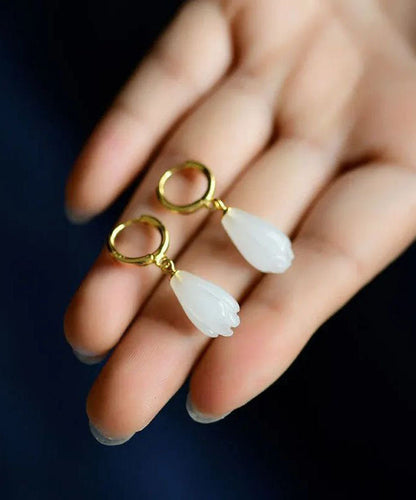 Pendientes colgantes únicos de orquídea y jade bañados en plata de ley y oro