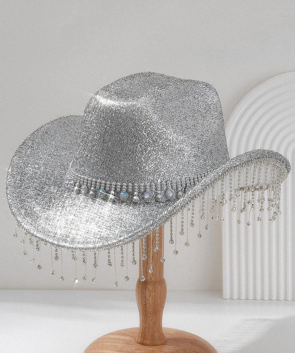 Unique Gold Tassel Zircon Large Brimmed Jazz Cowboy Hat