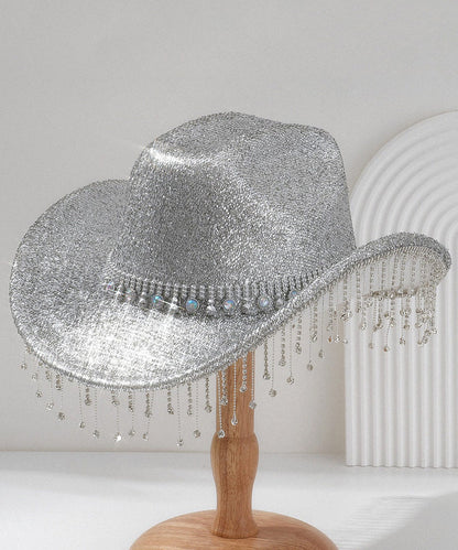 Unique Gold Tassel Zircon Large Brimmed Jazz Cowboy Hat