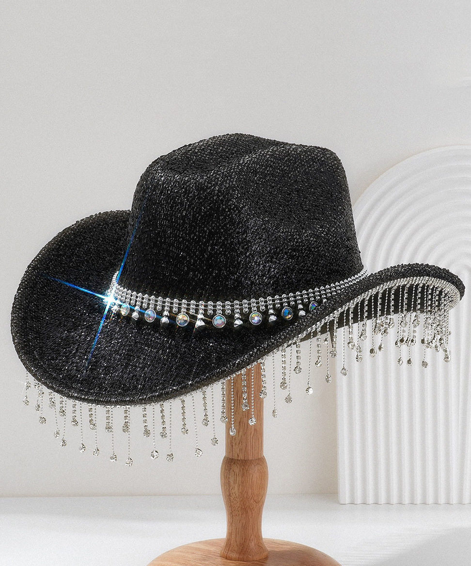 Unique Gold Tassel Zircon Large Brimmed Jazz Cowboy Hat
