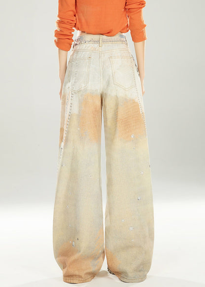 Einzigartige Jeanshose mit Farbverlauf und Taschen, weitem Bein, Frühling