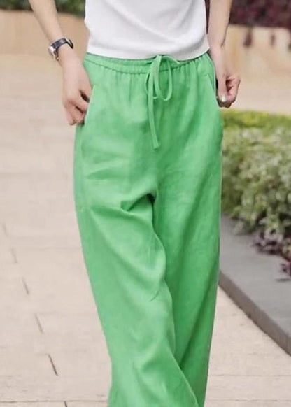 Unique Grass Green Elastic Waist Linen Straight Pants Fall