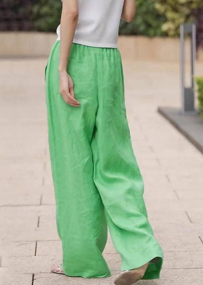 Unique Grass Green Elastic Waist Linen Straight Pants Fall
