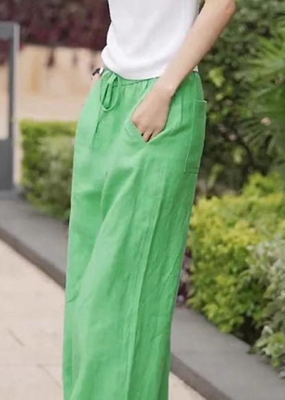 Unique Grass Green Elastic Waist Linen Straight Pants Fall