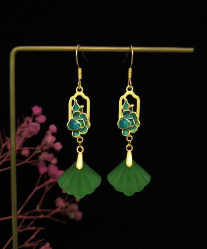 Pendientes únicos con borlas en forma de abanico de concha de jade de aleación verde