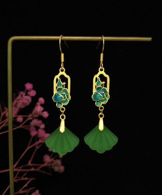 Pendientes únicos con borlas en forma de abanico de concha de jade de aleación verde