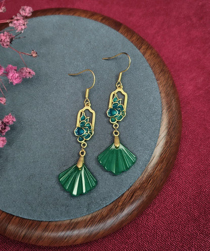 Pendientes únicos con borlas en forma de abanico de concha de jade de aleación verde