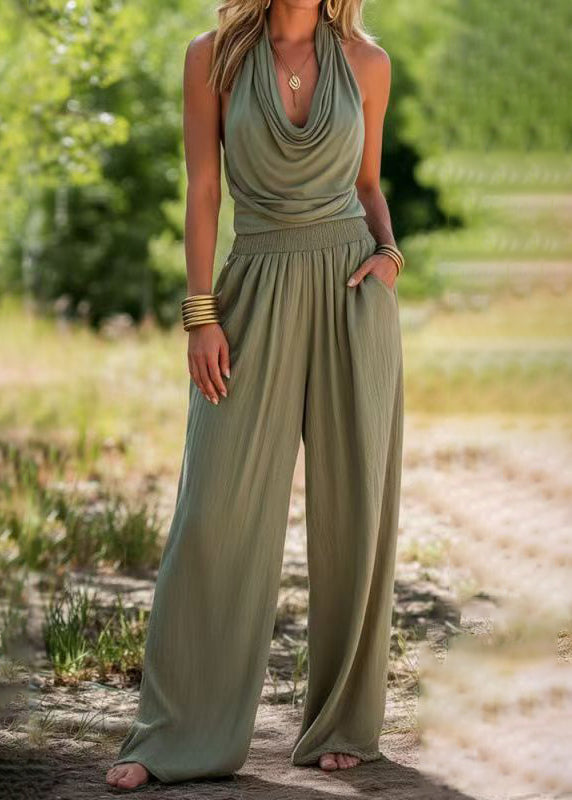 Unique Green Backless Halter Wrinkled Two Pieces Set Sleeveless