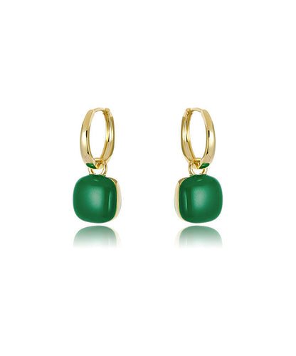 Unique Green Copper Overgild 18K Gem Stone Square Drop Earrings