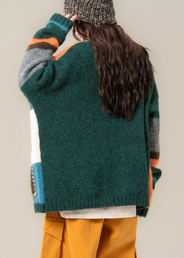 Einzigartiger grüner Strickmantel mit geometrischem Knopf-Patchwork-Design für den Frühling