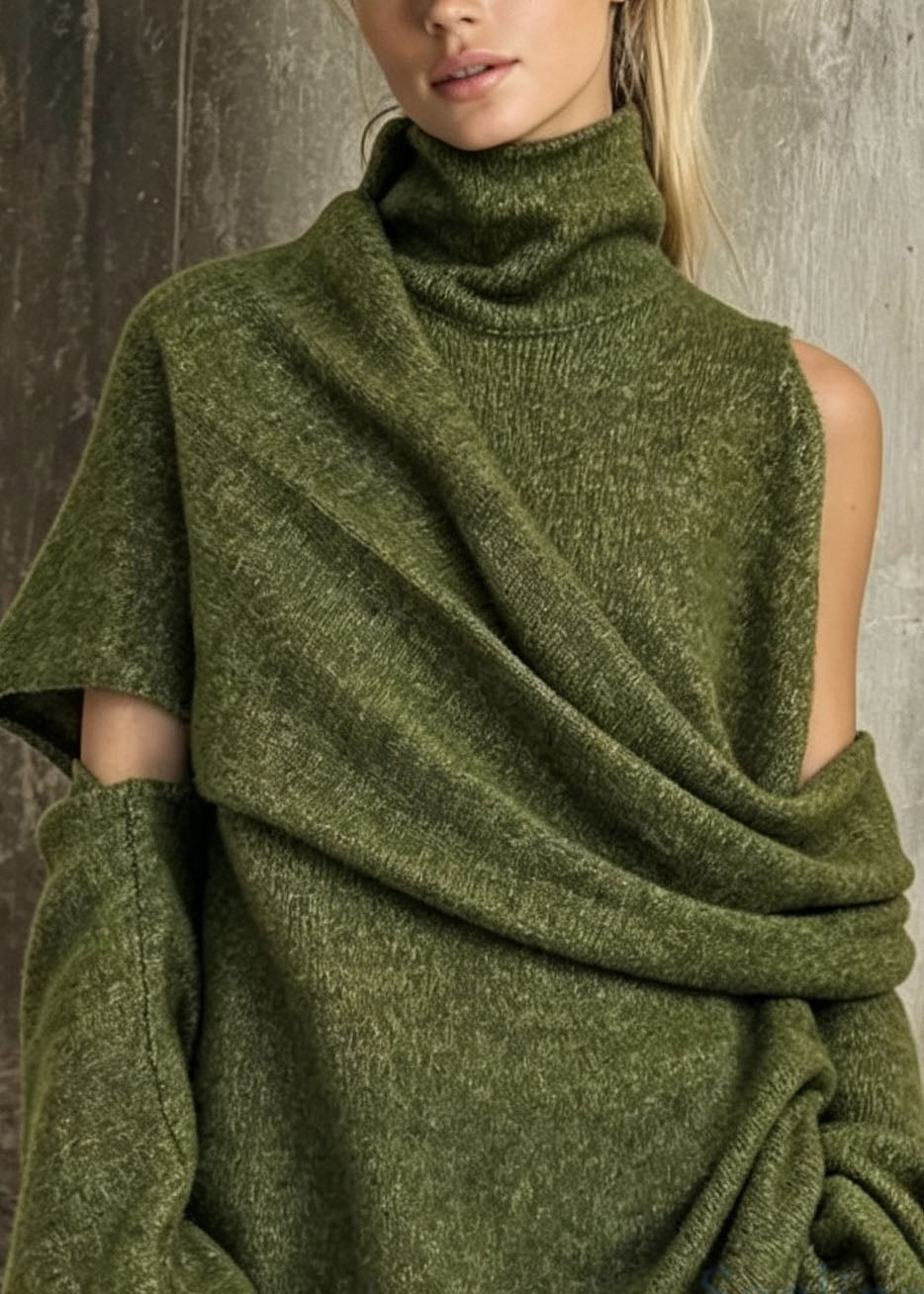 Unique Green Hign Neck Asymmetrical Design Knit Sweaters Fall