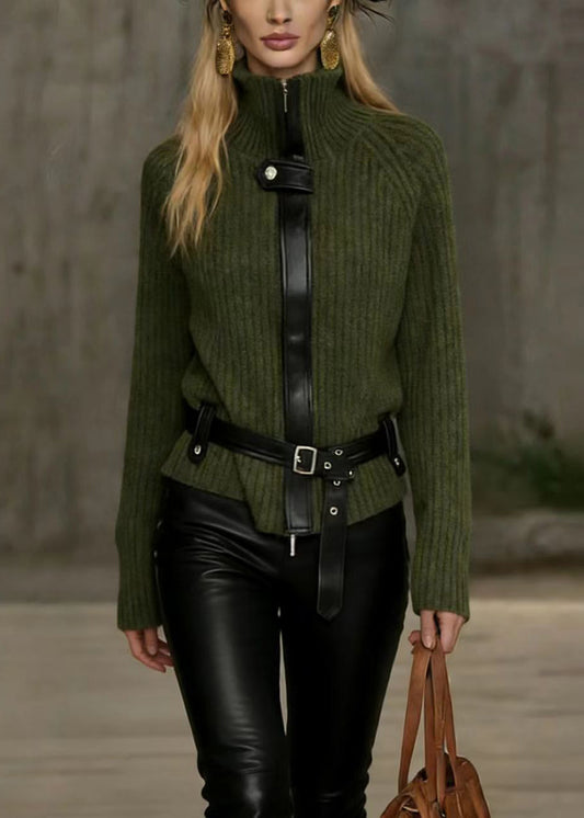 Unique Green Hign Neck Patchwork Knit Sweater Top Spring