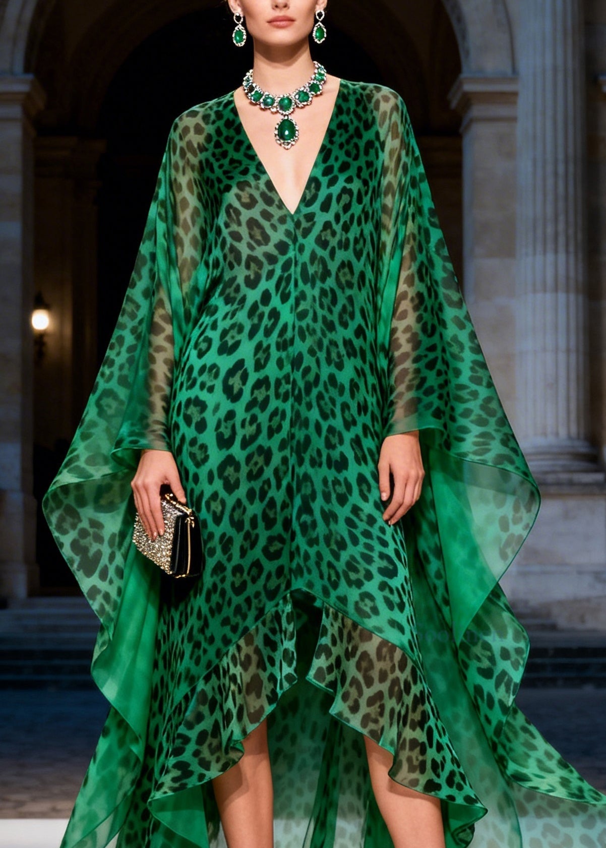 Unique Green Leopard V Neck Ruffled Patchwork Chiffon Long Dress Summer