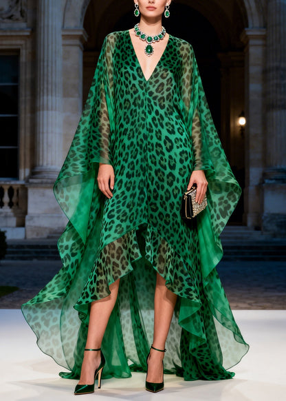 Unique Green Leopard V Neck Ruffled Patchwork Chiffon Long Dress Summer