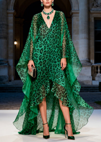 Unique Green Leopard V Neck Ruffled Patchwork Chiffon Long Dress Summer