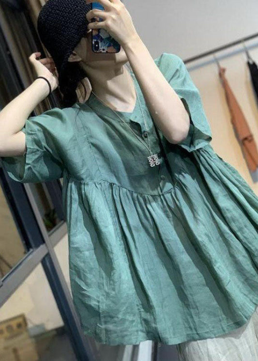 Einzigartiges grünes Patchwork-Bluse-Oberteil mit lockeren Knöpfen und halblangen Ärmeln