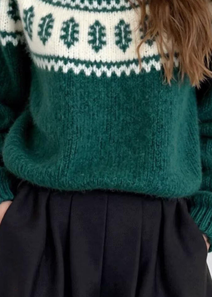 Einzigartiger grüner Jacquard-Strickpullover mit Rundhalsausschnitt für den Winter
