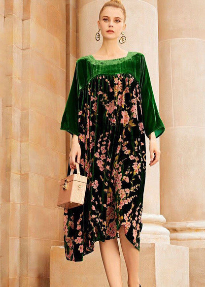 Einzigartige grüne O-Ausschnitt Patchwork Print Seide Velours lange Kleider Armband Ärmel