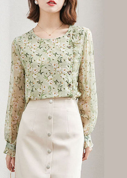 Einzigartige Grüne O-Neck taste Rüschen druck Chiffon Tops Frühling