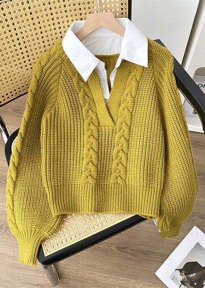 Unique Green Peter Pan Collar False Two Pieces Knit Top Spring