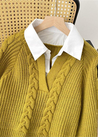 Unique Green Peter Pan Collar False Two Pieces Knit Top Spring