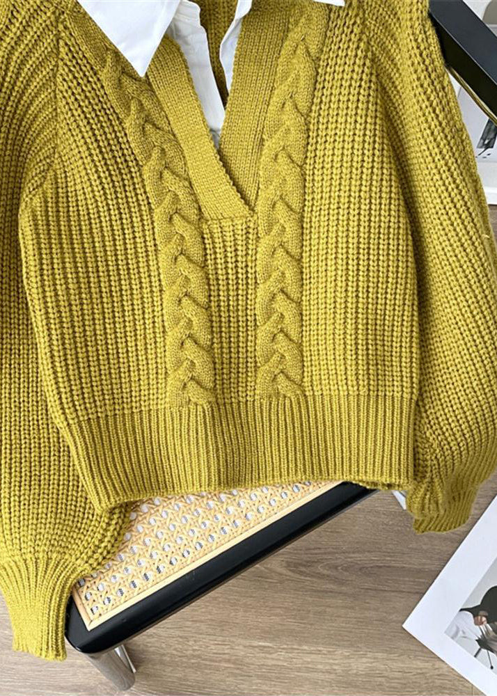 Unique Green Peter Pan Collar False Two Pieces Knit Top Spring