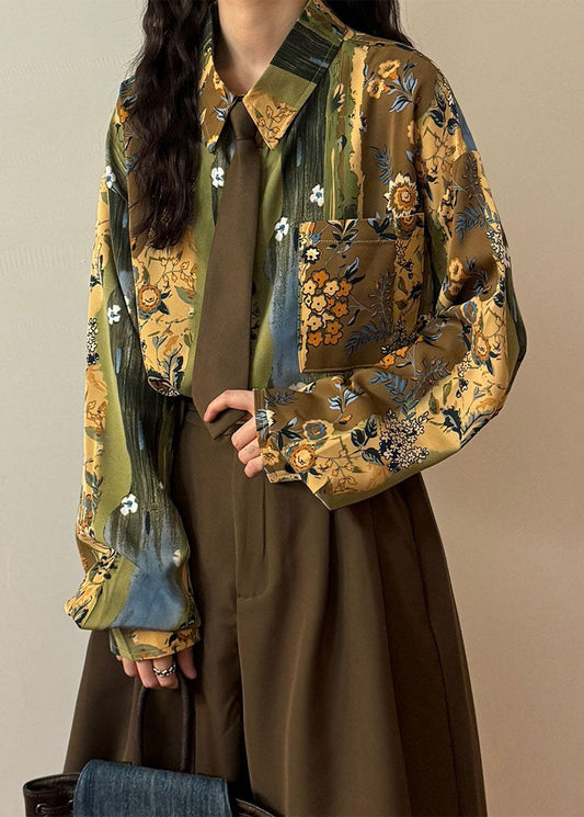 Unique Green Peter Pan Collar Print Button Blouses Spring