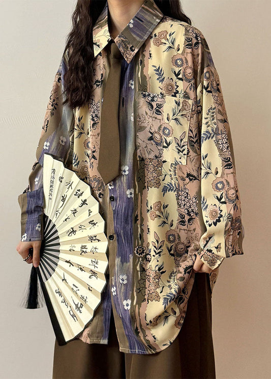 Unique Green Peter Pan Collar Print Button Blouses Spring