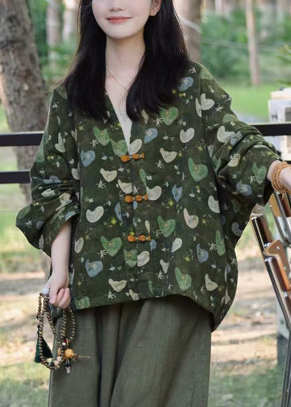 Unique Green Print Chinese Button Cotton Jacket Fall