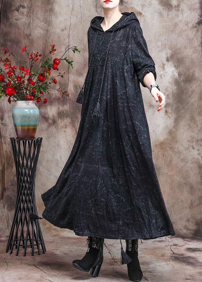 Unique Dark Green Print Outfit Hoodie Dress Asymmetric Maxi Dress - SooLinen