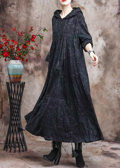 Unique Dark Green Print Outfit Hoodie Dress Asymmetric Maxi Dress - SooLinen