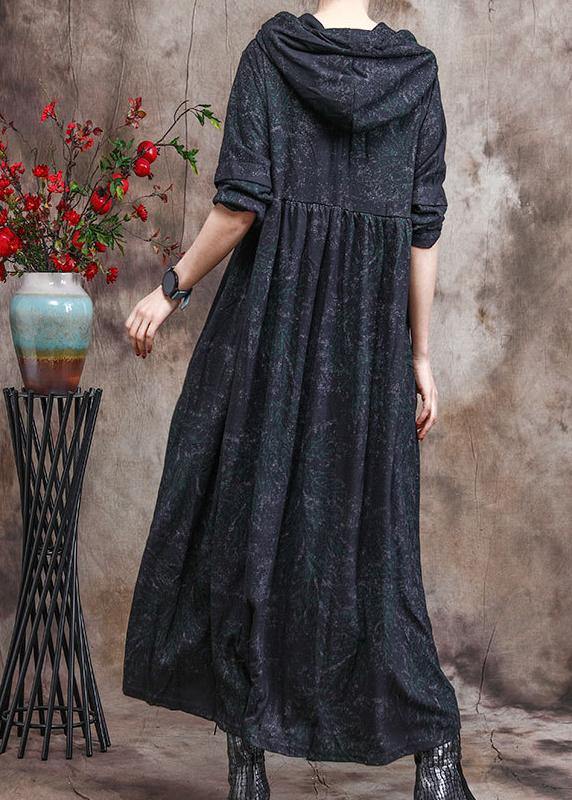 Unique Dark Green Print Outfit Hoodie Dress Asymmetric Maxi Dress - SooLinen