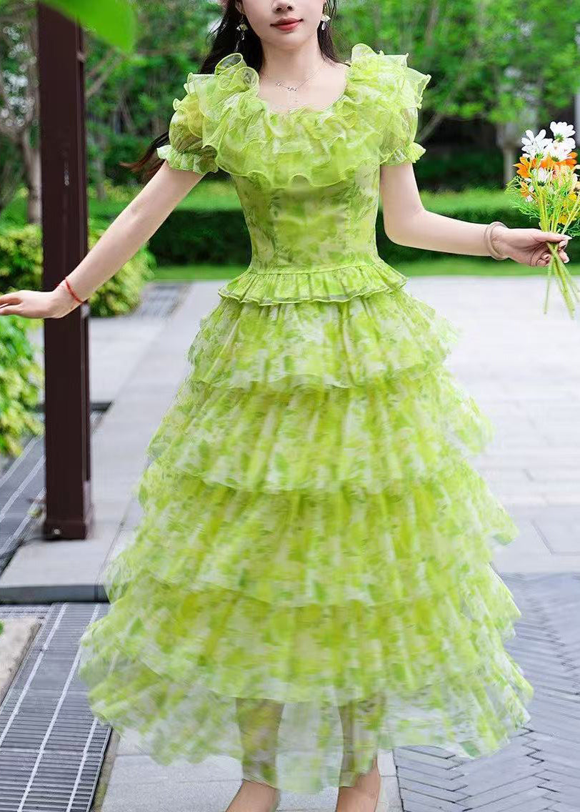 Unique Green Ruffled Print Tulle Two Pieces Set Summer