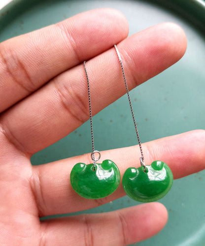 Pendientes colgantes únicos de jade verde seco Ruyi en plata de ley verde