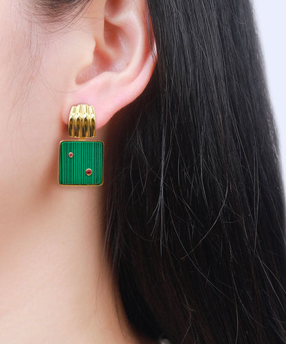 Pendientes de aro únicos de plata de ley verde dorada con incrustaciones de malaquita cuadrada