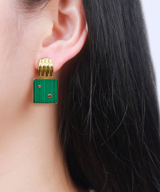 Pendientes de aro únicos de plata de ley verde dorada con incrustaciones de malaquita cuadrada