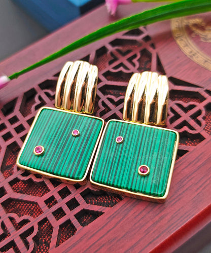 Pendientes de aro únicos de plata de ley verde dorada con incrustaciones de malaquita cuadrada