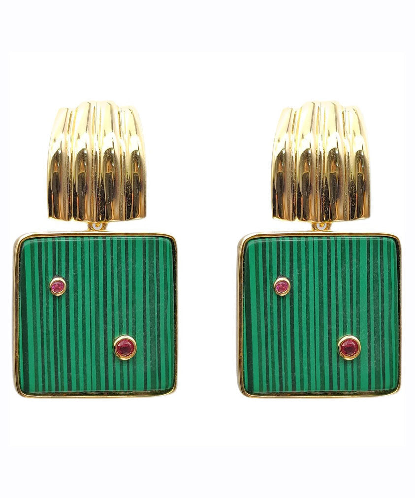 Pendientes de aro únicos de plata de ley verde dorada con incrustaciones de malaquita cuadrada