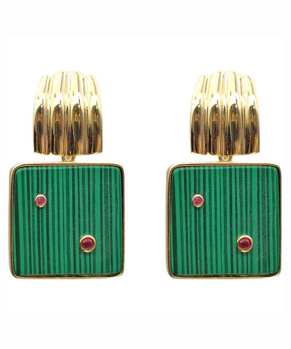Pendientes de aro únicos de plata de ley verde dorada con incrustaciones de malaquita cuadrada