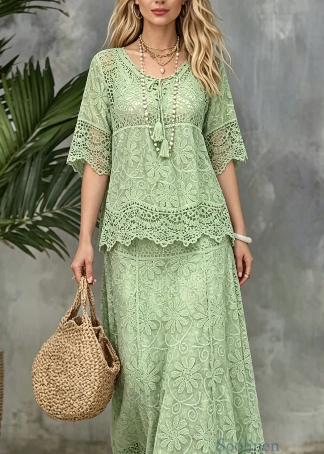 Unique Green Tops And Skirts Hollow Out Lace Two Pieces Set Summer