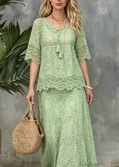 Unique Green Tops And Skirts Hollow Out Lace Two Pieces Set Summer
