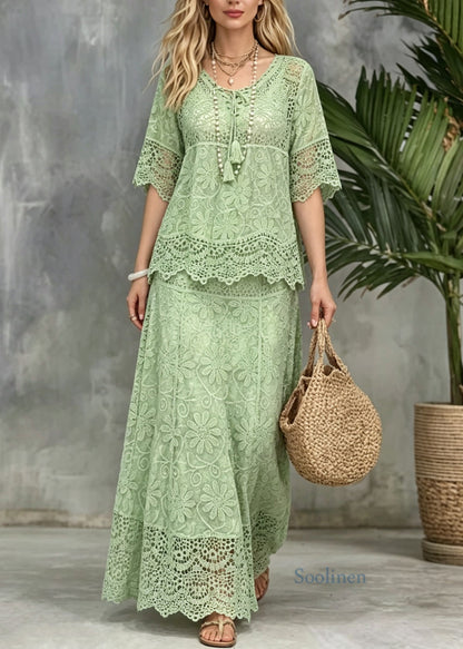 Unique Green Tops And Skirts Hollow Out Lace Two Pieces Set Summer