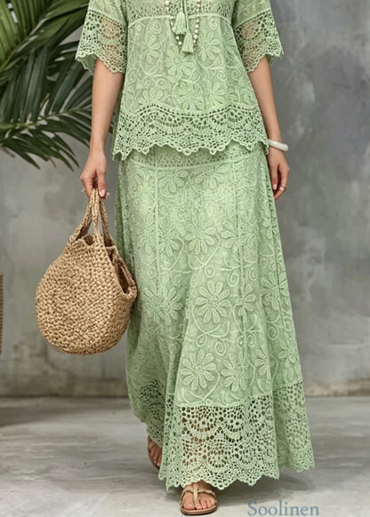 Unique Green Tops And Skirts Hollow Out Lace Two Pieces Set Summer