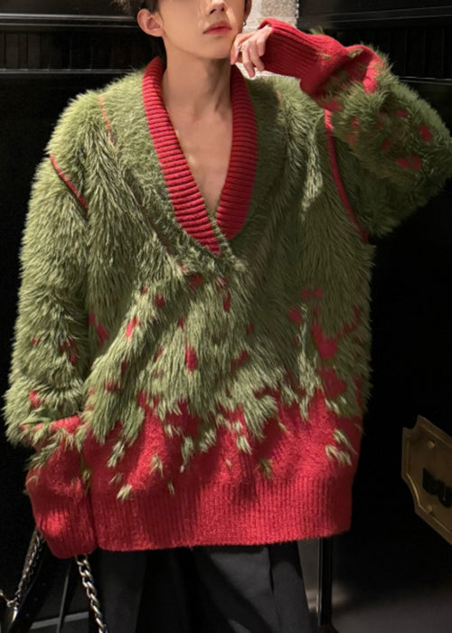 Unique Green V Neck Cozy Patchwork Mink Hair Knitted Men Sweater Winter