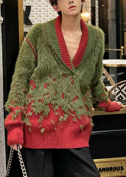 Unique Green V Neck Cozy Patchwork Mink Hair Knitted Men Sweater Winter