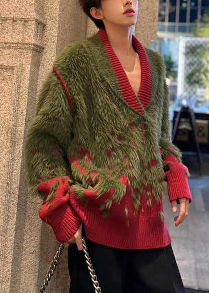 Unique Green V Neck Cozy Patchwork Mink Hair Knitted Men Sweater Winter