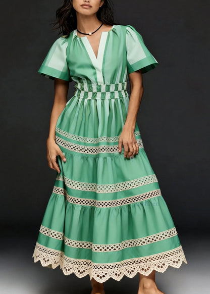 Unique Green V Neck Hollow Out Patchwork Cotton Long Dresses Summer