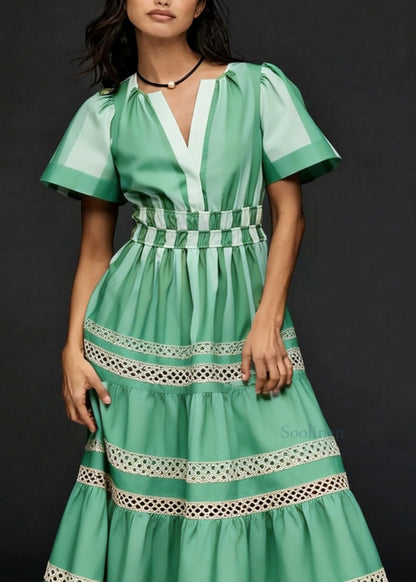 Unique Green V Neck Hollow Out Patchwork Cotton Long Dresses Summer