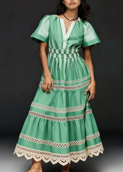 Unique Green V Neck Hollow Out Patchwork Cotton Long Dresses Summer
